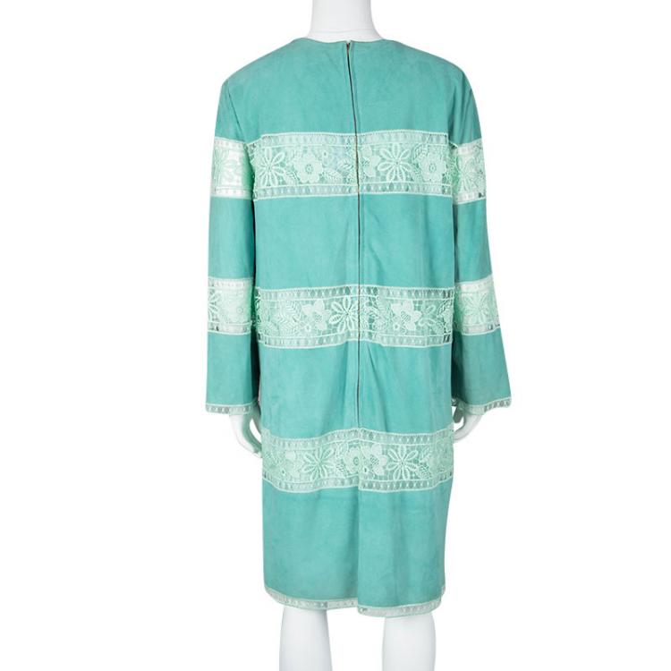 Pre Owned Blumarine Resort'16 Turquoise Goat Leather Embroidered Lace Panel Detail Dress XL