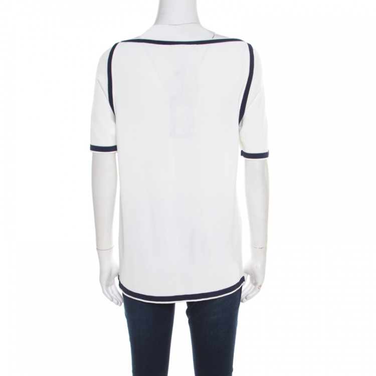 Pre Owned Blumarine Off White Contrast Trim Knit Short Sleeve Top L