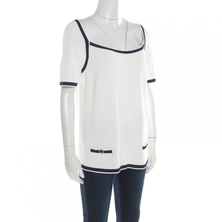 Pre Owned Blumarine Off White Contrast Trim Knit Short Sleeve Top L