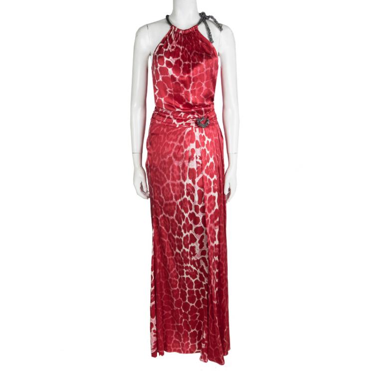 Pre Owned Blumarine Red Animal Printed Silk Neck Tie Embellished Detail Maxi Dress M