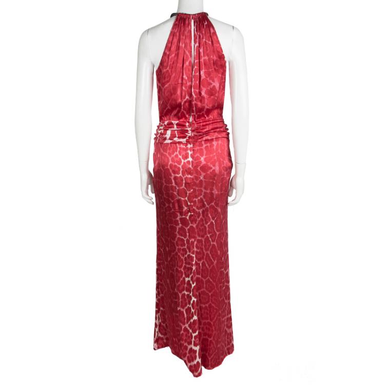 Pre Owned Blumarine Red Animal Printed Silk Neck Tie Embellished Detail Maxi Dress M
