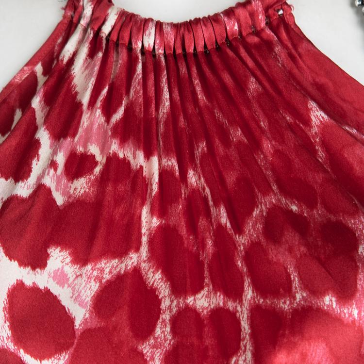 Pre Owned Blumarine Red Animal Printed Silk Neck Tie Embellished Detail Maxi Dress M