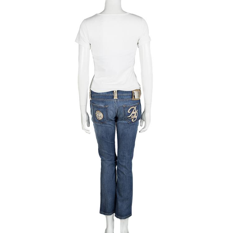 Pre Owned Blumarine Indigo Denim Embellished Distressed Jeans M