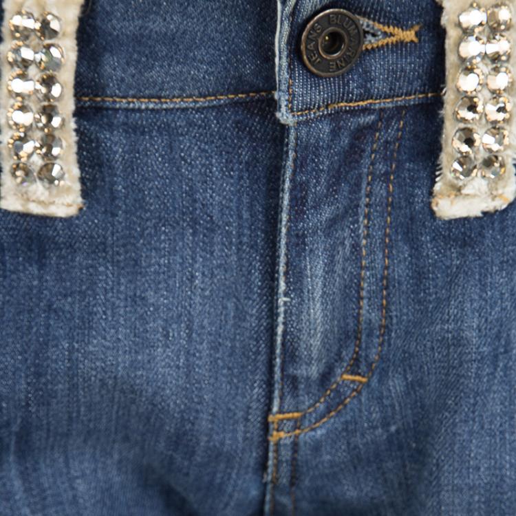 Pre Owned Blumarine Indigo Denim Embellished Distressed Jeans M
