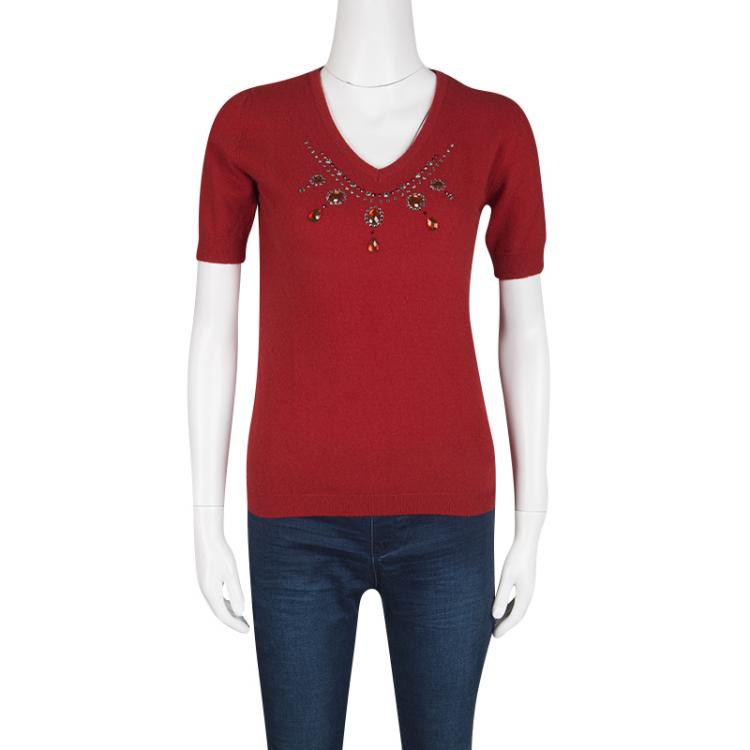 Pre Owned Blumarine Red Embellished Wool and Cashmere Short Sleeve Sweater M