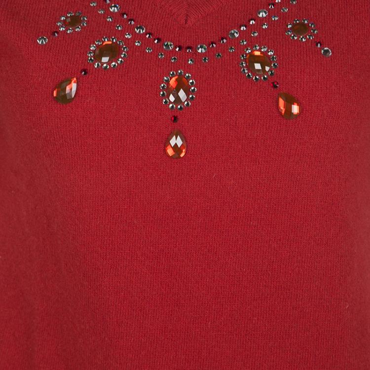 Pre Owned Blumarine Red Embellished Wool and Cashmere Short Sleeve Sweater M