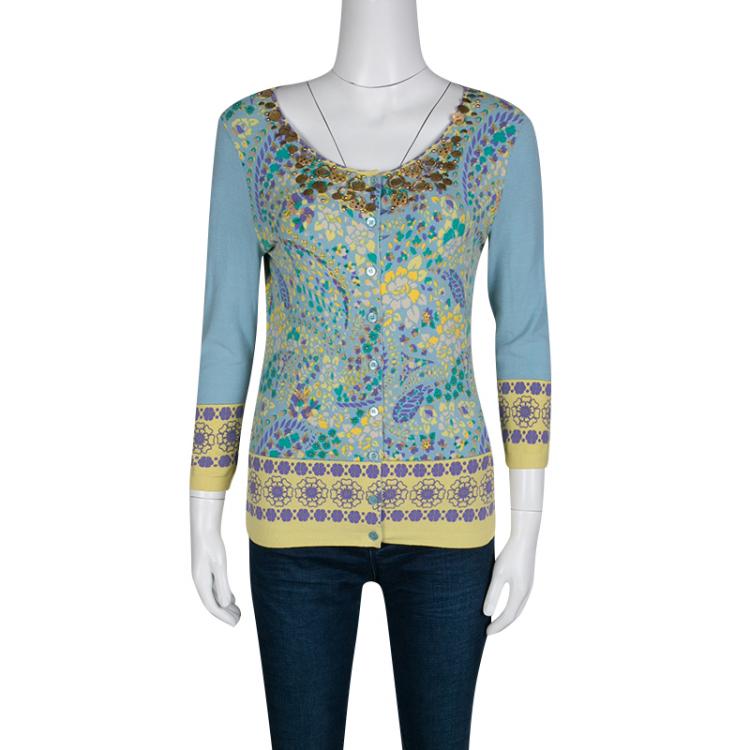 Pre Owned Blumarine Blue Floral Printed Knit Embellished Cardigan M