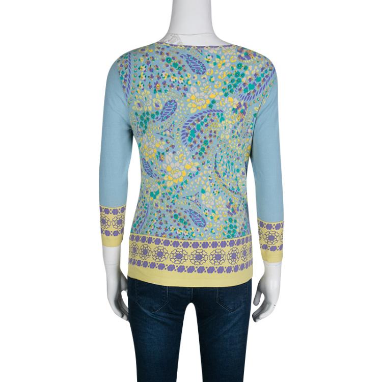 Pre Owned Blumarine Blue Floral Printed Knit Embellished Cardigan M