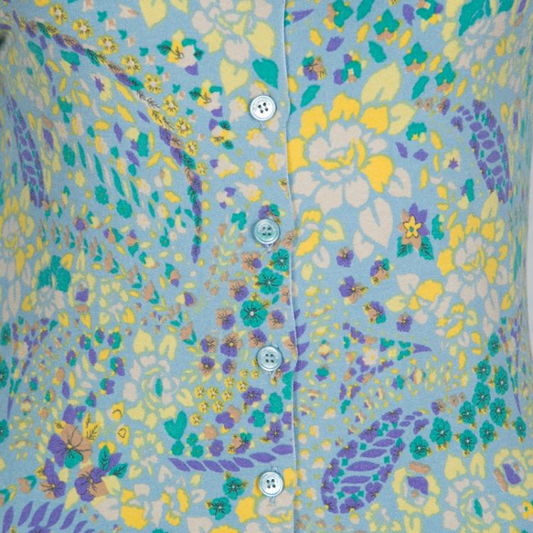 Pre Owned Blumarine Blue Floral Printed Knit Embellished Cardigan M