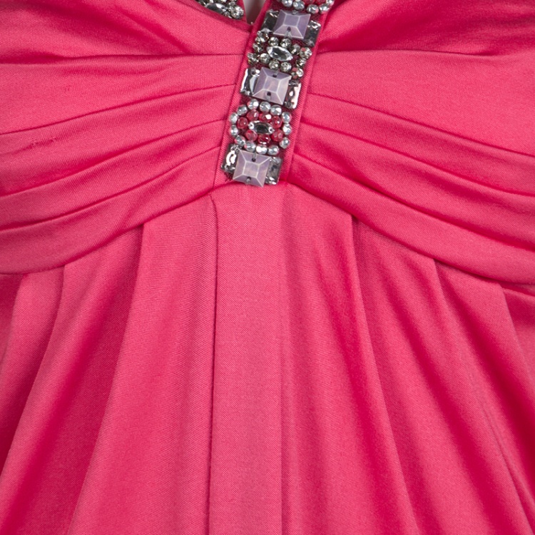 Pre Owned Blumarine Pink Knit Embellished Off Shoulder Maxi Dress M