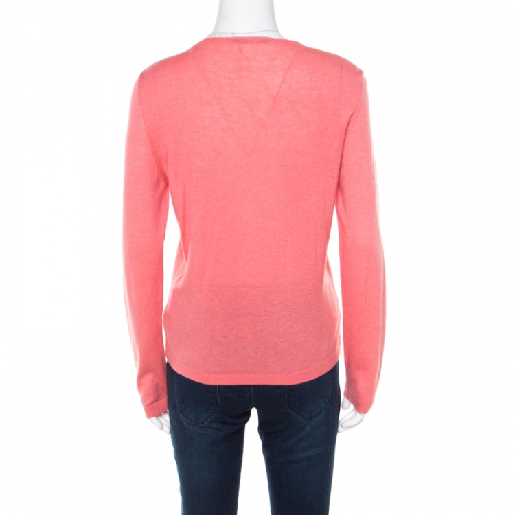 Pre Owned Blumarine Salmon Pink Cotton Silk Embellished Button Front Cardigan L