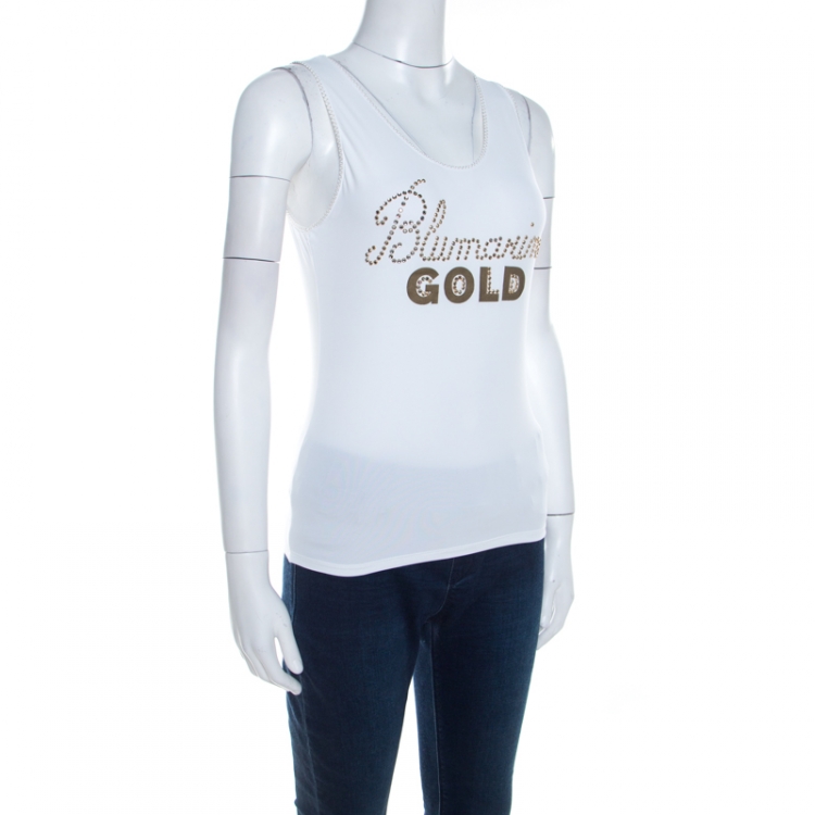 Pre Owned Blumarine White and Gold Embellished Stretch Cotton Sleeveless Top