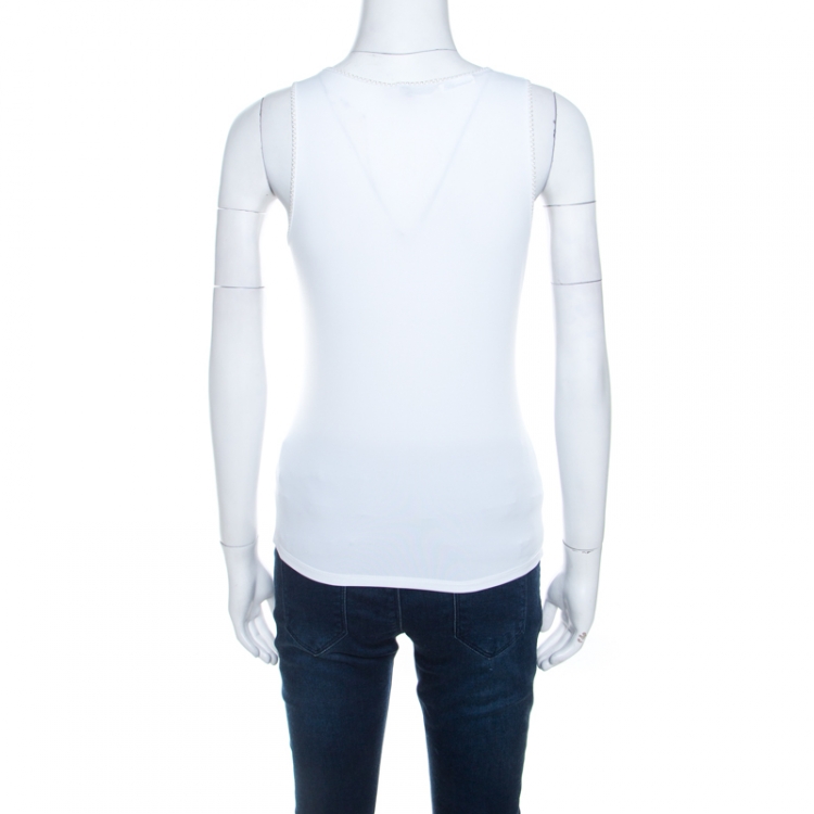 Pre Owned Blumarine White and Gold Embellished Stretch Cotton Sleeveless Top