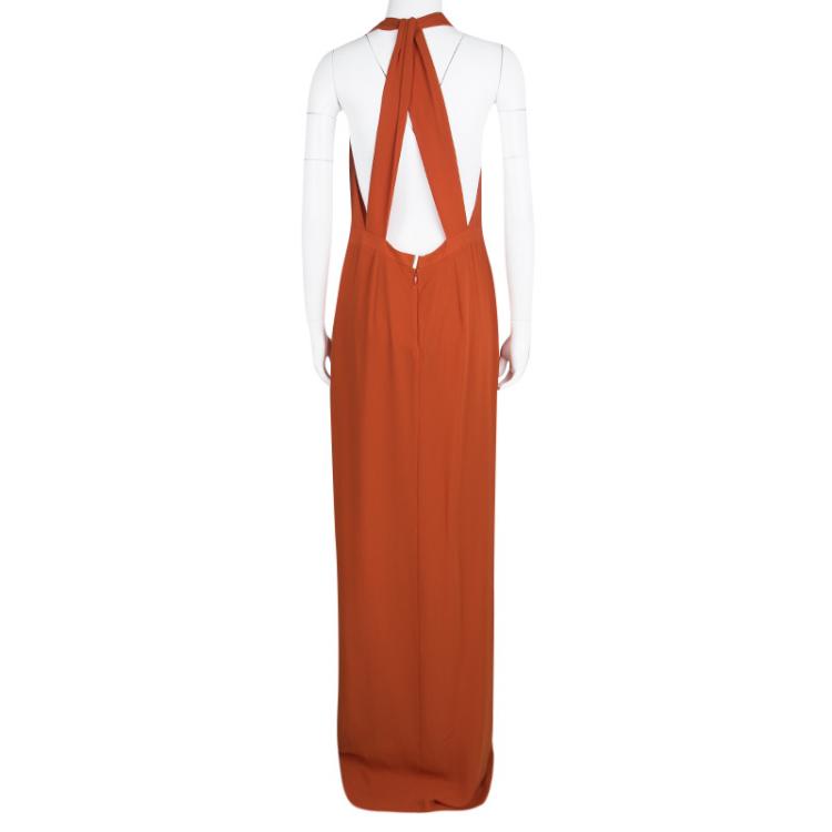 Pre Owned Boss By Hugo Boss Orange Plunge Halter Neck Diwendyn Maxi Dress M