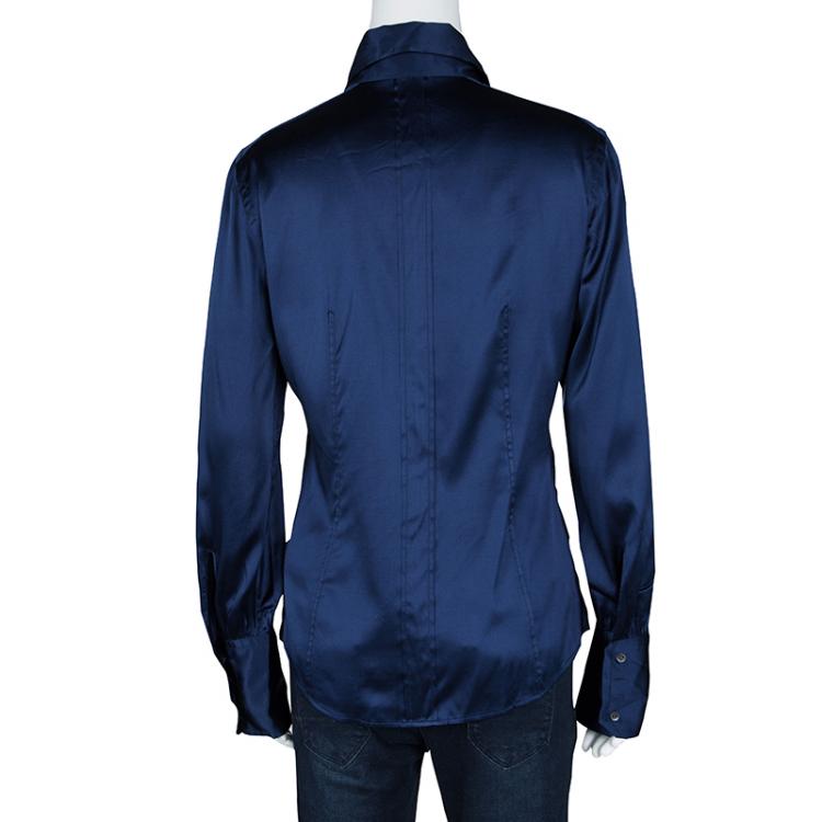Pre Owned Boss by Hugo Boss Navy Blue Silk Satin Long Sleeve Button Front Shirt M