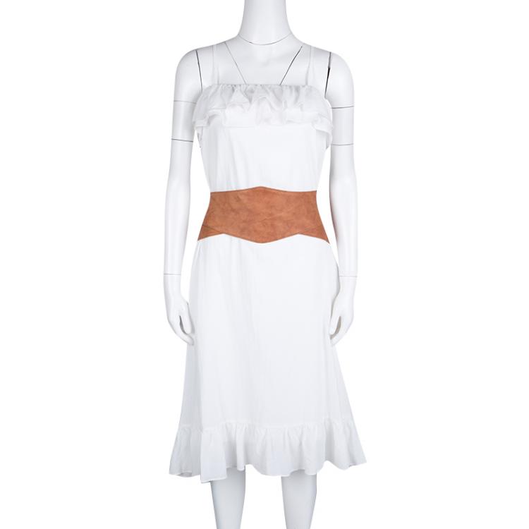 Pre Owned Boss Orange By Hugo Boss White Cotton Ruffle Detail Belted Antara Dress S