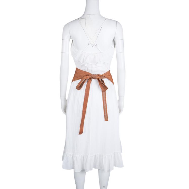 Pre Owned Boss Orange By Hugo Boss White Cotton Ruffle Detail Belted Antara Dress S