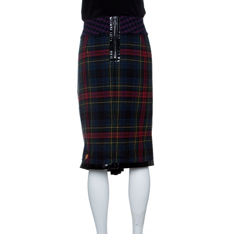 Pre Owned Boss Orange by Hugo Boss Multicolor Tartan Plaid Draped Zip Detail Skirt M