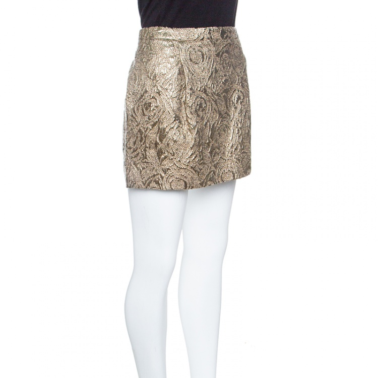 Pre Owned Boss Orange by Hugo Boss Dull Gold Embossed Jacquard Mini Skirt S