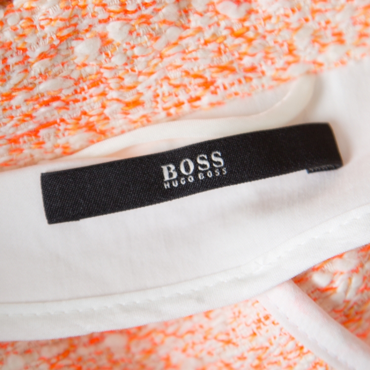 Pre Owned Boss By Hugo Boss Neon Orange and Cream Textured Cotton Blend Candalis Coat S