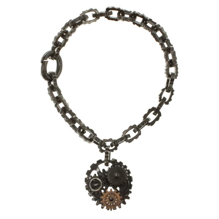 Pre Owned Bottega Veneta Brown Gear Chain Silver Bracelet S