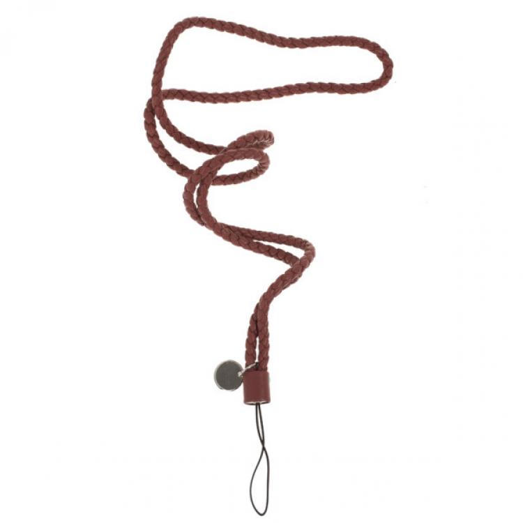 Pre Owned Bottega Veneta Brown Intrecciato Leather Phone Strap