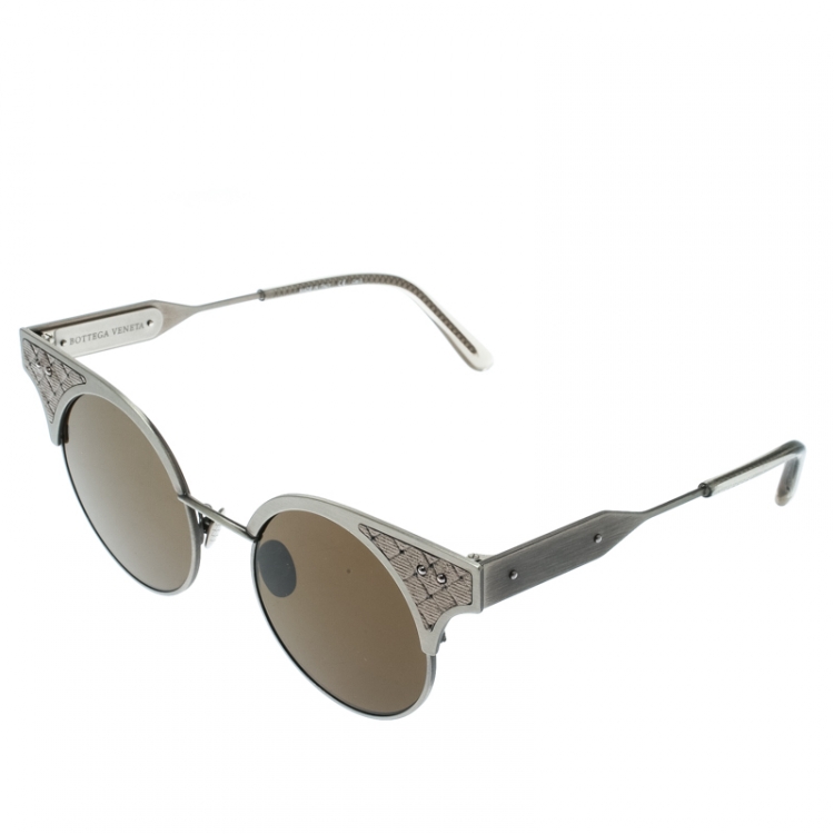 Pre Owned Bottega Veneta Grey/Brown BV0113S Round Sunglasses 
