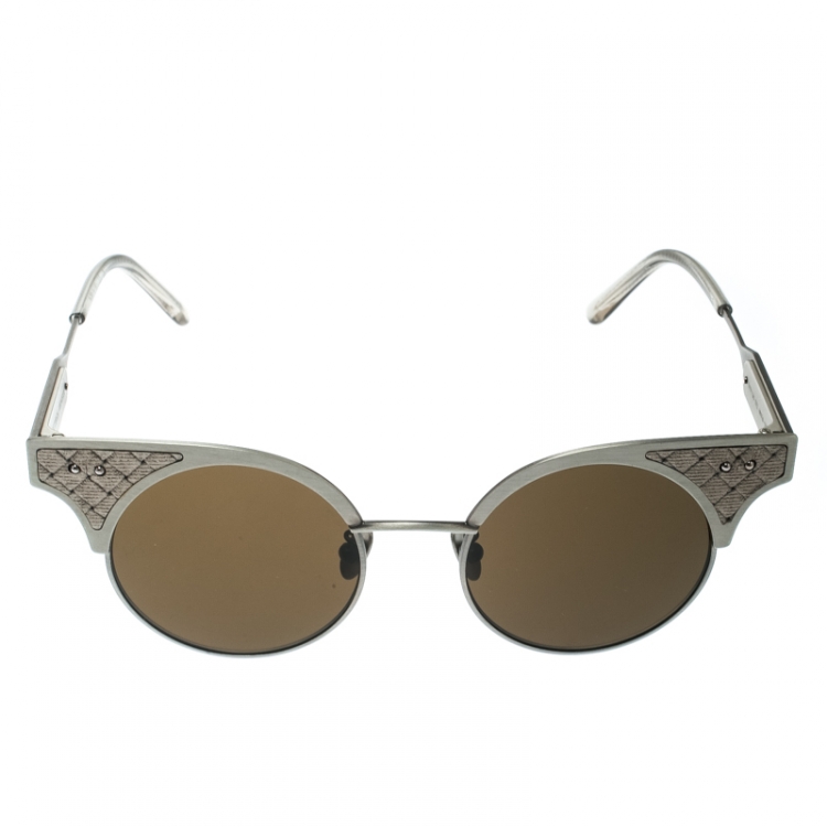 Pre Owned Bottega Veneta Grey/Brown BV0113S Round Sunglasses 
