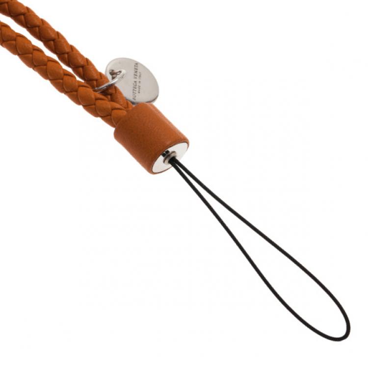 Pre Owned Bottega Veneta Orange Intrecciato Leather Phone Strap