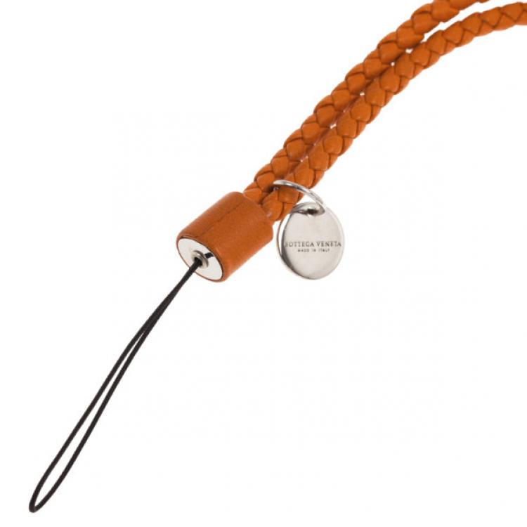 Pre Owned Bottega Veneta Orange Intrecciato Leather Phone Strap