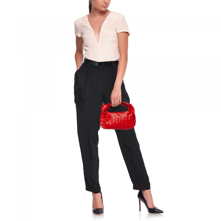 Pre Owned Bottega Veneta Red Intrecciato Leather Mini Jodie Hobo