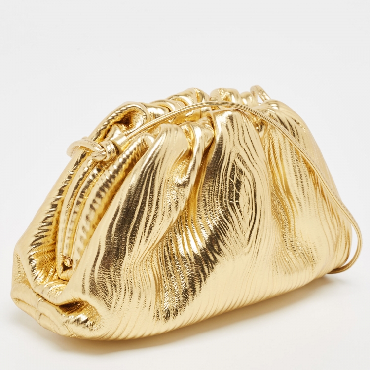 Pre Owned Bottega Veneta Metallic Gold Bark Leather Mini The Pouch Bag