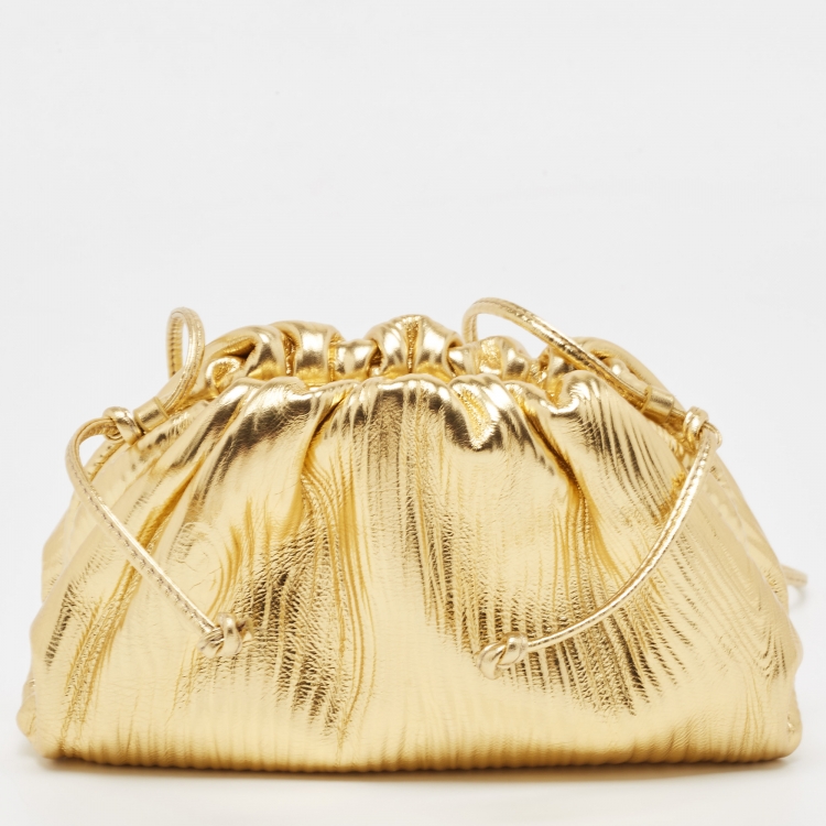 Pre Owned Bottega Veneta Metallic Gold Bark Leather Mini The Pouch Bag