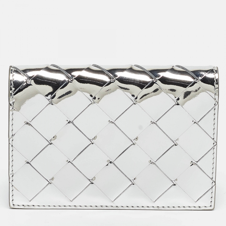 Pre Owned Bottega Veneta Silver Intrecciato Leather Card Case