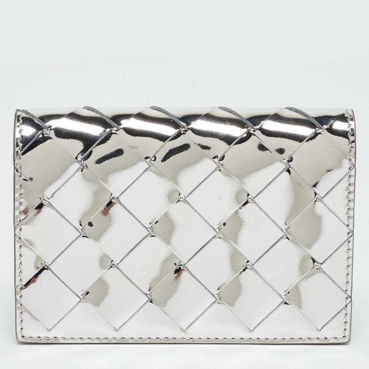 Pre Owned Bottega Veneta Silver Intrecciato Leather Card Case