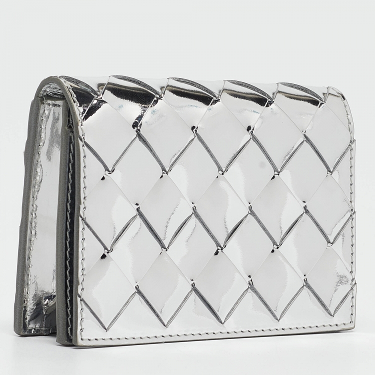 Pre Owned Bottega Veneta Silver Intrecciato Leather Card Case