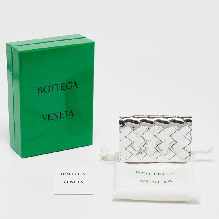 Pre Owned Bottega Veneta Silver Intrecciato Leather Card Case