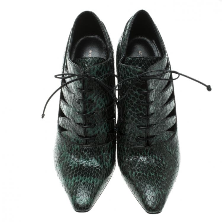 Pre Owned Bottega Veneta Green Python Leather Cutout Lace-Up Ankle Boots Size 38
