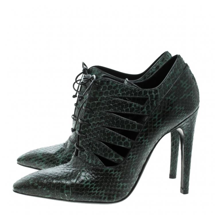 Pre Owned Bottega Veneta Green Python Leather Cutout Lace-Up Ankle Boots Size 38