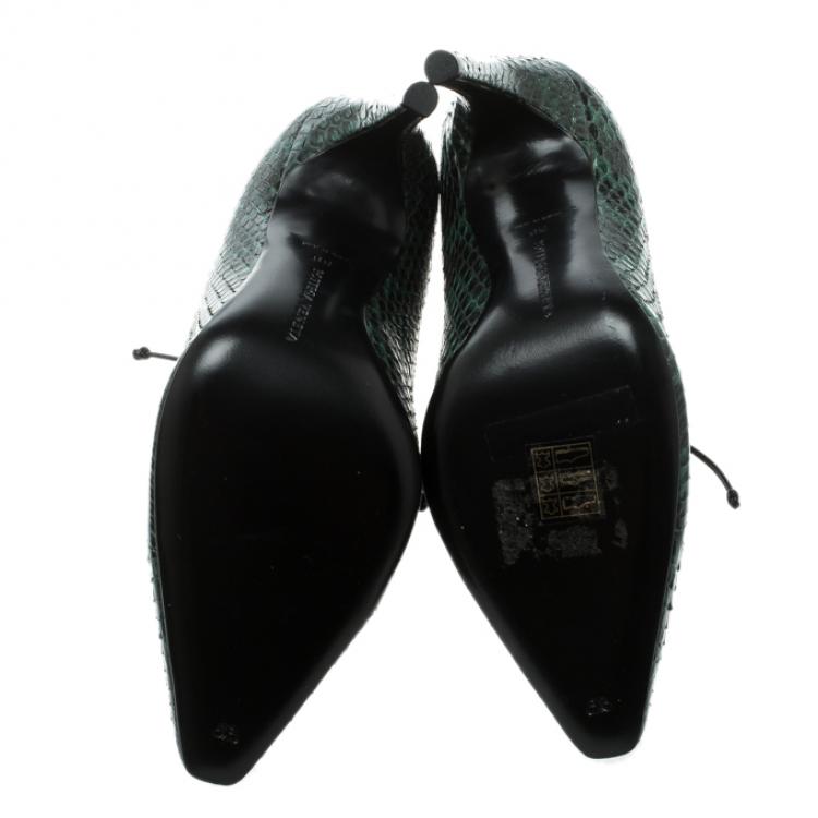 Pre Owned Bottega Veneta Green Python Leather Cutout Lace-Up Ankle Boots Size 38