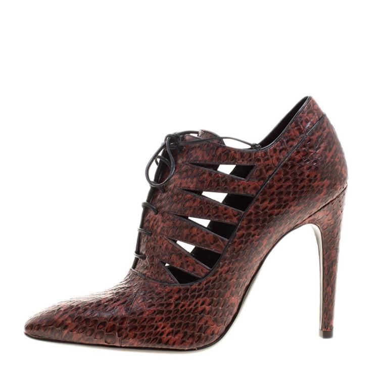 Pre Owned Bottega Veneta Burgundy Python Cutout Lace-Up Ankle Boots Size 37.5