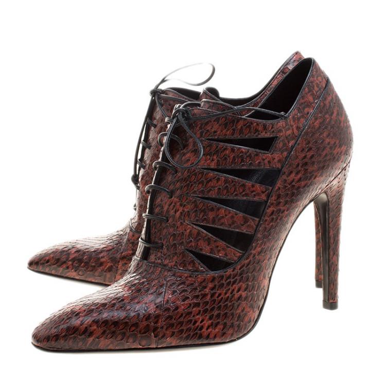 Pre Owned Bottega Veneta Burgundy Python Cutout Lace-Up Ankle Boots Size 37.5