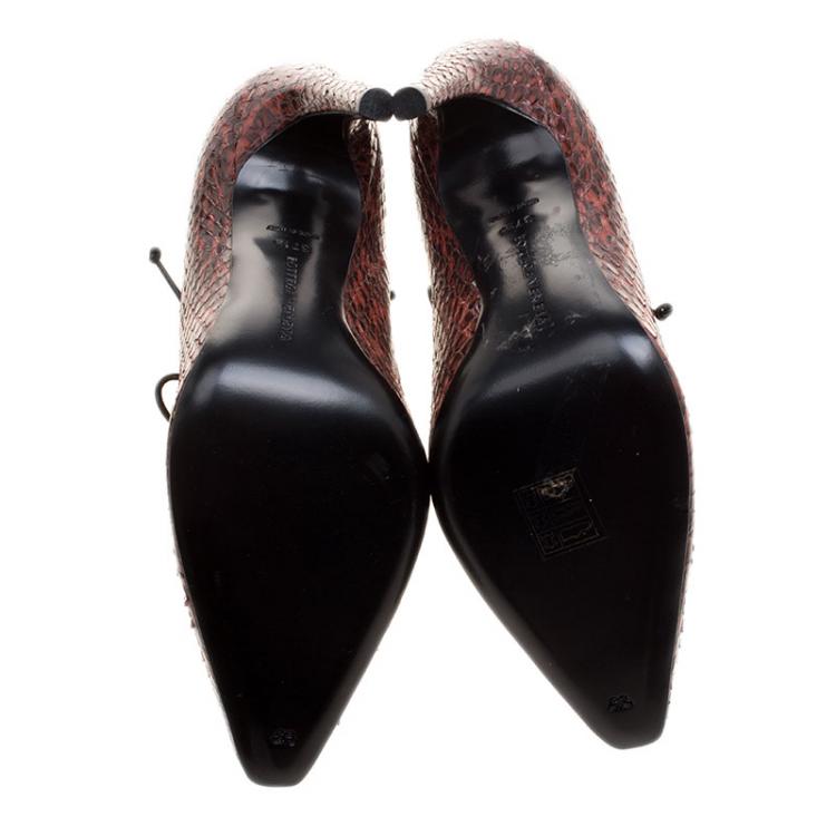 Pre Owned Bottega Veneta Burgundy Python Cutout Lace-Up Ankle Boots Size 37.5