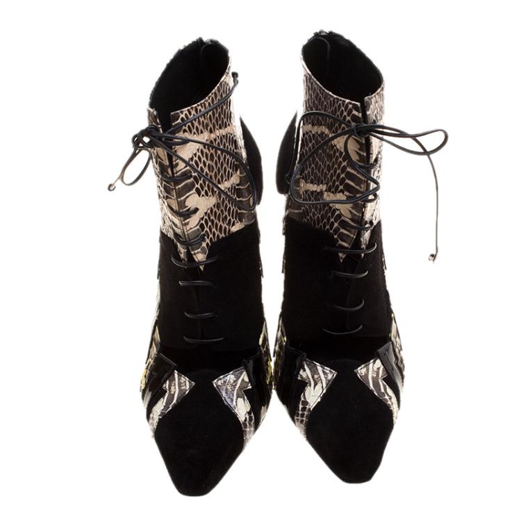 Pre Owned Bottega Veneta Black Suede and Python Lace Up Ankle Boots Size 38