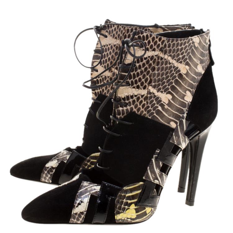 Pre Owned Bottega Veneta Black Suede and Python Lace Up Ankle Boots Size 38