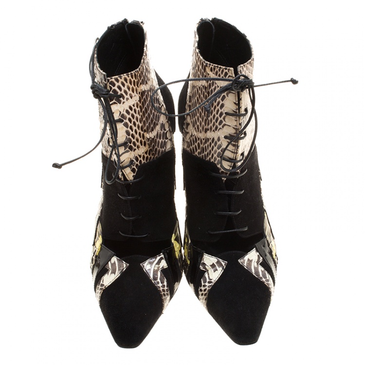 Pre Owned Bottega Veneta Black Suede and Python Lace Up Ankle Boots Size 39.5