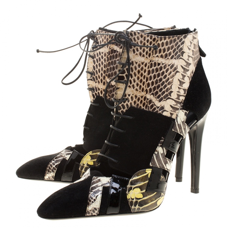 Pre Owned Bottega Veneta Black Suede and Python Lace Up Ankle Boots Size 39.5