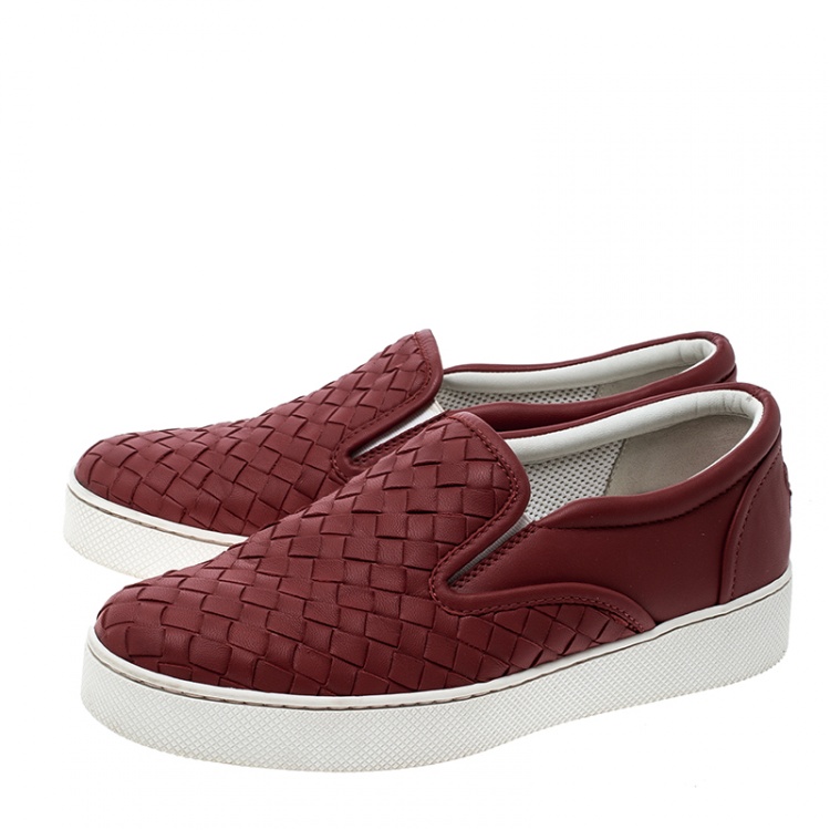 Pre Owned Bottega Veneta Red Intrecciato Leather Slip On Sneakers Size 35