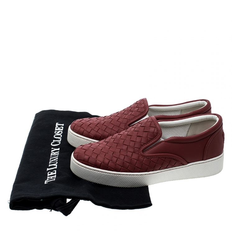Pre Owned Bottega Veneta Red Intrecciato Leather Slip On Sneakers Size 35