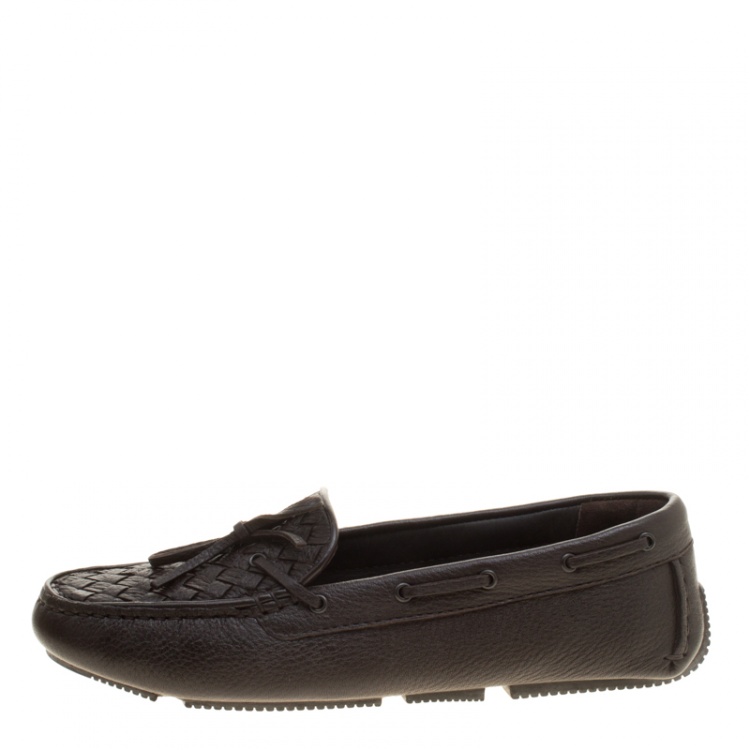 Pre Owned Bottega Veneta Brown Intrecciato Leather Loafers Size 39.5